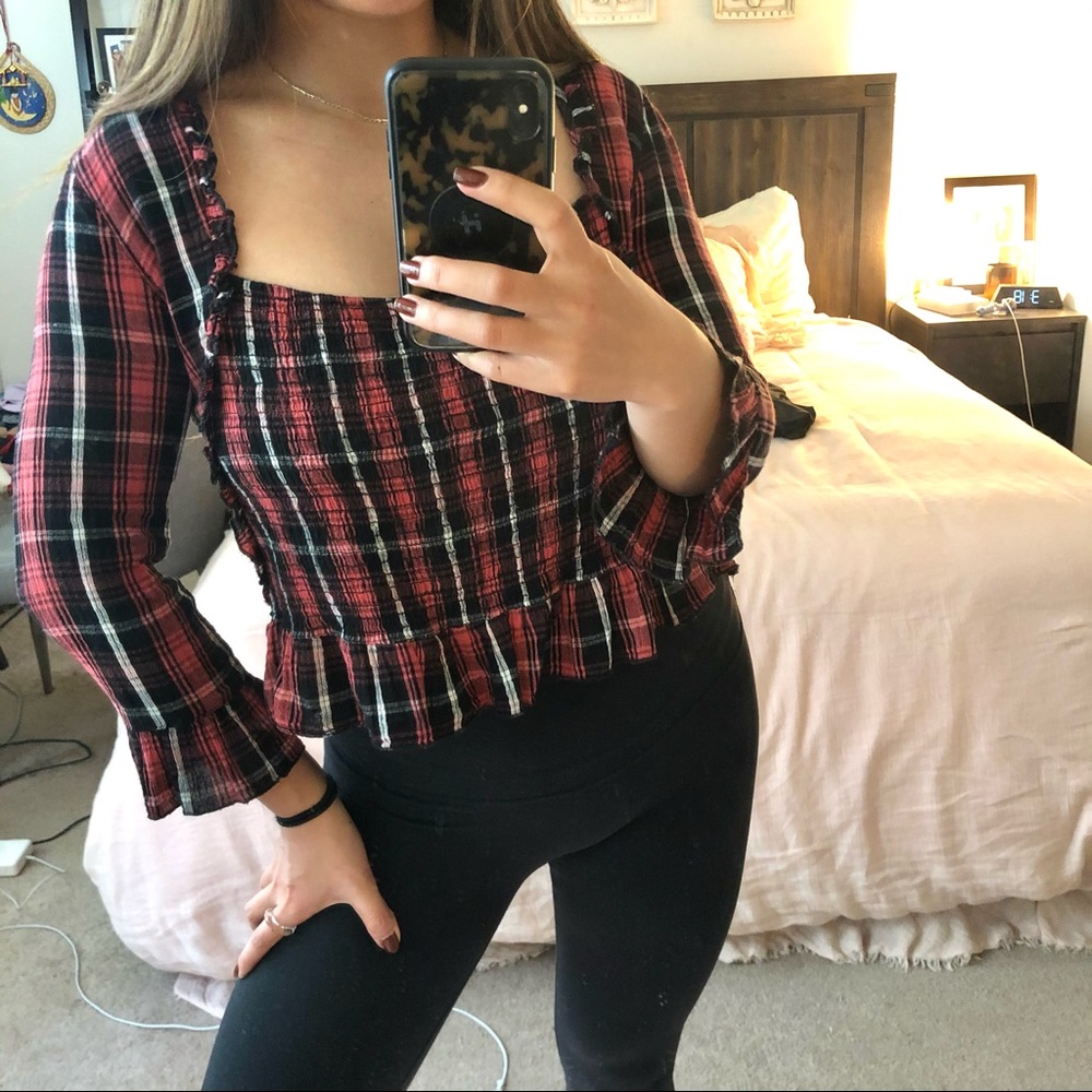 Free People Pink Plaid Top